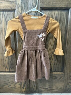 Disney Girls Brown Corduroy Pinafore Dress with Mustard Top